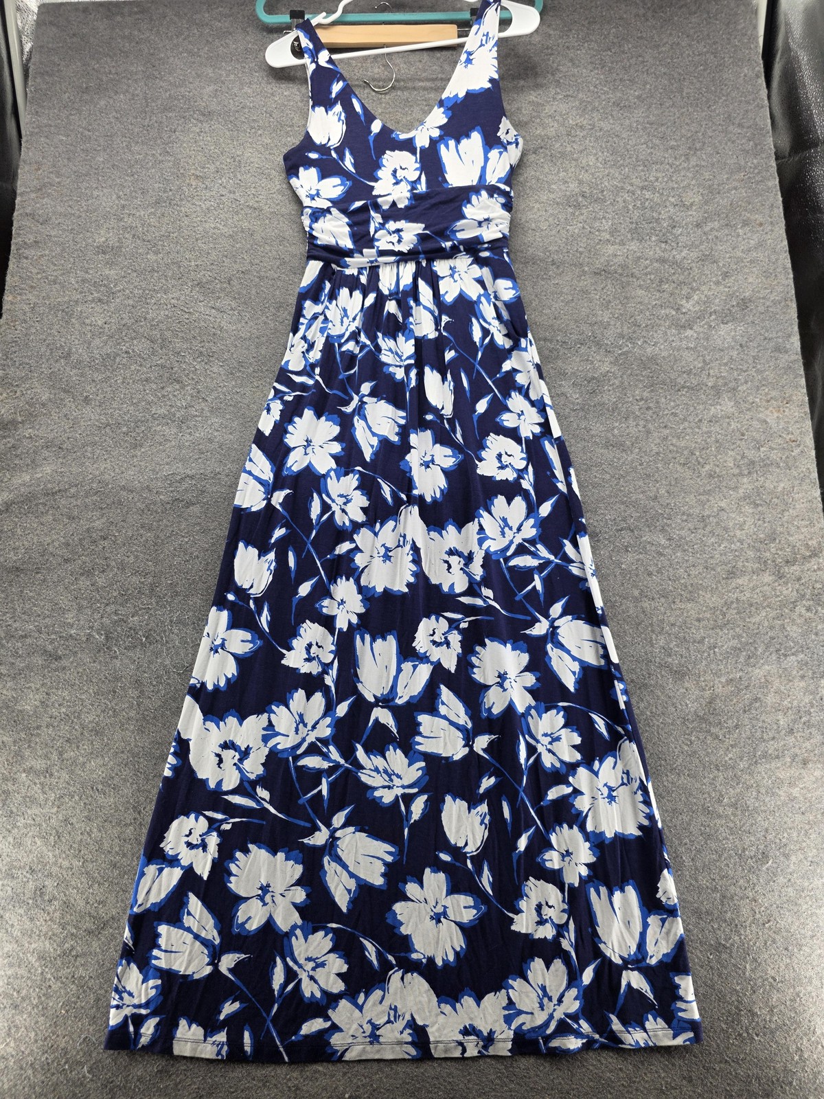 Adrienne Vittadini Dress Womens S Blue Maxi V-Neck Strappy Pleated Jersey