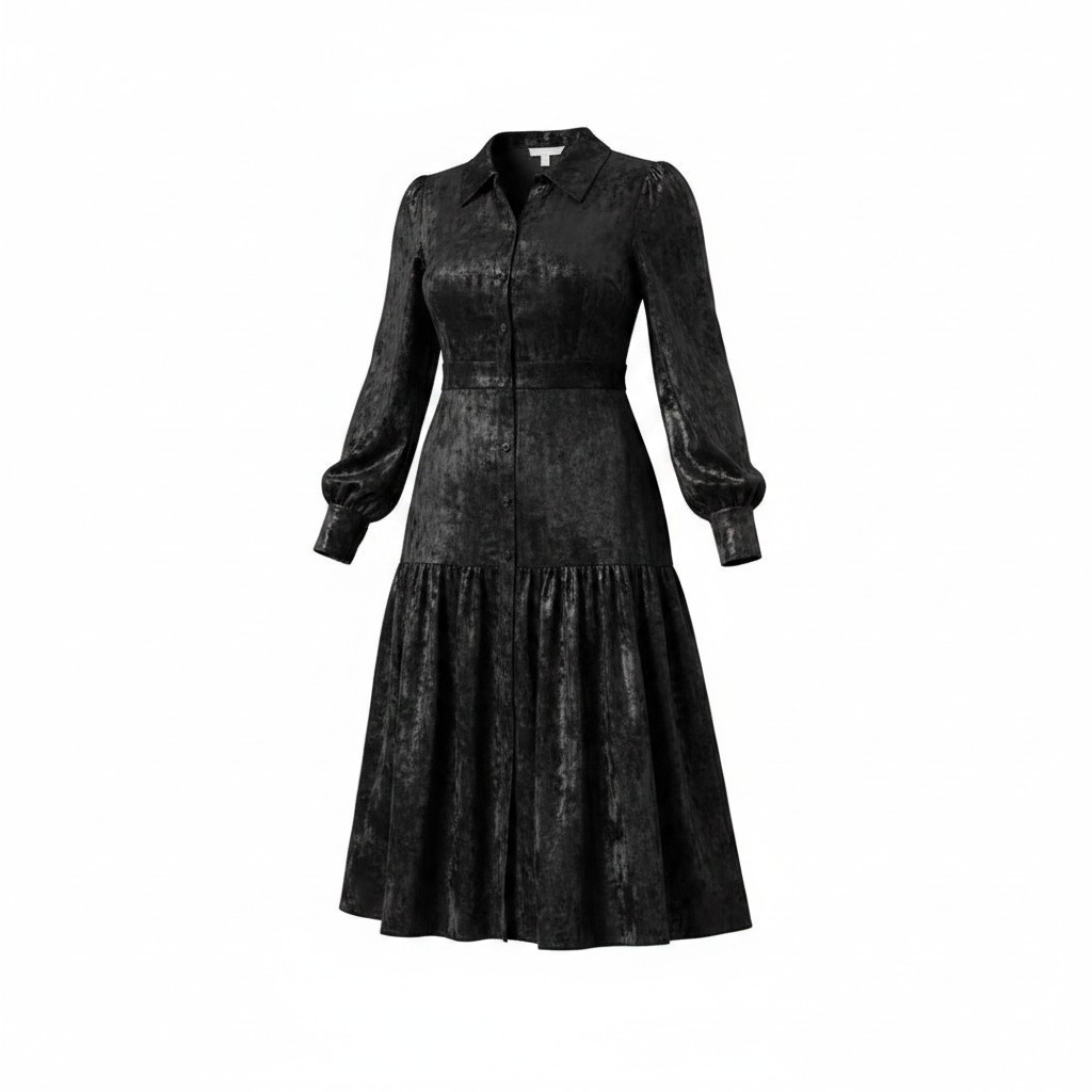 La Joie Women Metallic Silver On Black Linen Dress Midi Button Front Sz 12 NWT