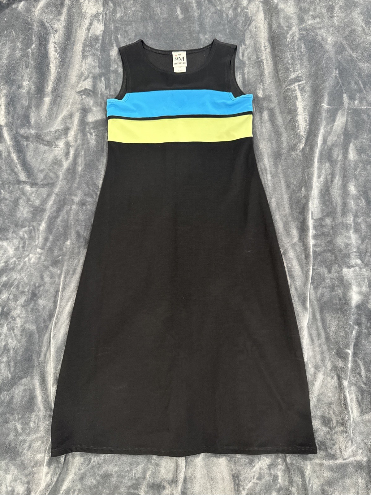 My Michelle Sleeveless Black Party Dress Blue Yellow Stripe Women’s 10 Cocktail
