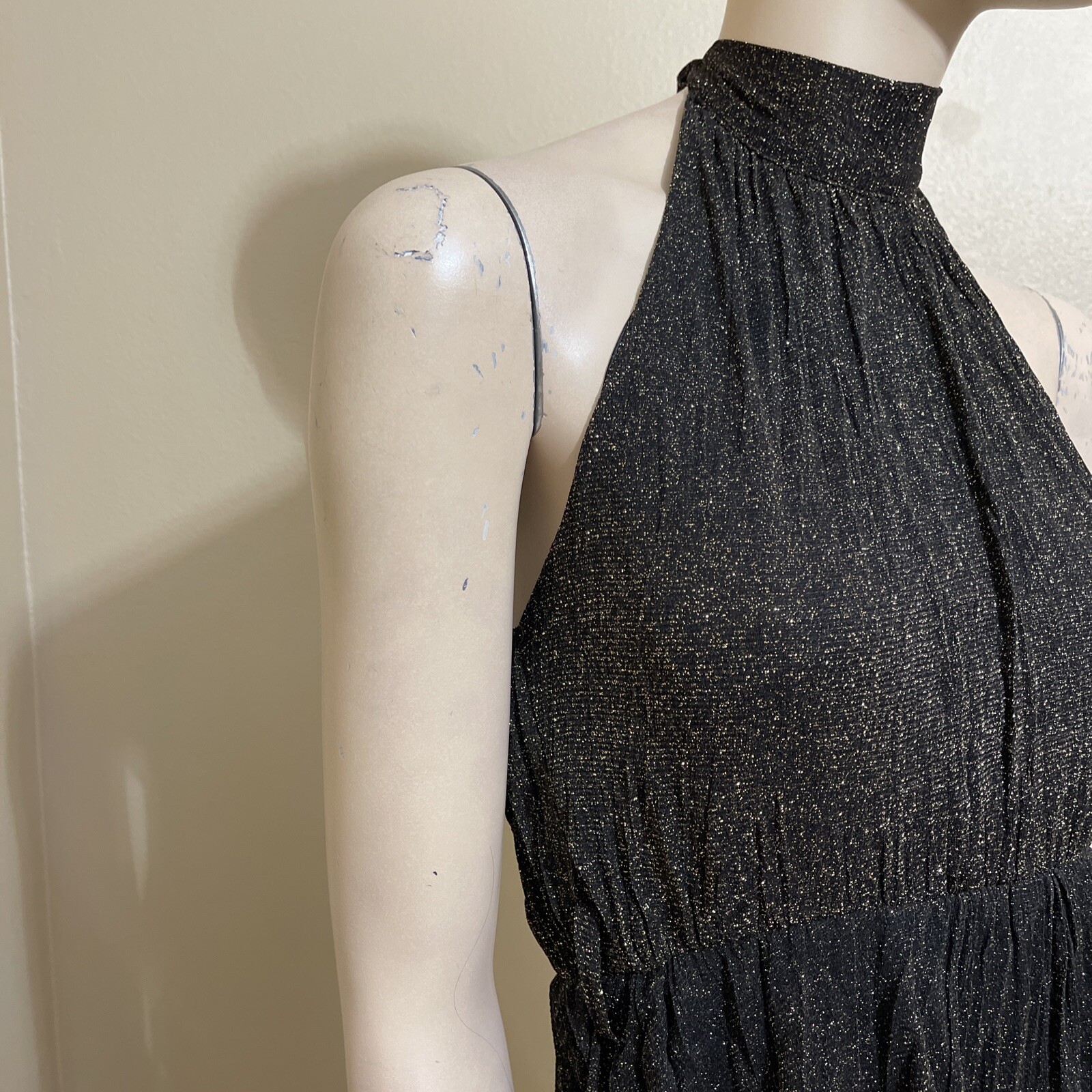 Women’s Black Polyester Cocktail Layered Pleated Open On Tie Midi Size S Dress