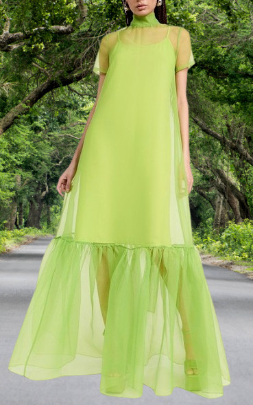 Simple and Modern High Neck Green Organza Maxi Dress For Women Any Occasion