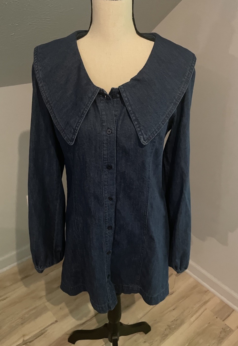 Zara Peter Pan Large Collar Denim Mini Shirt Dress Size L Long Sleeve Dark Wash
