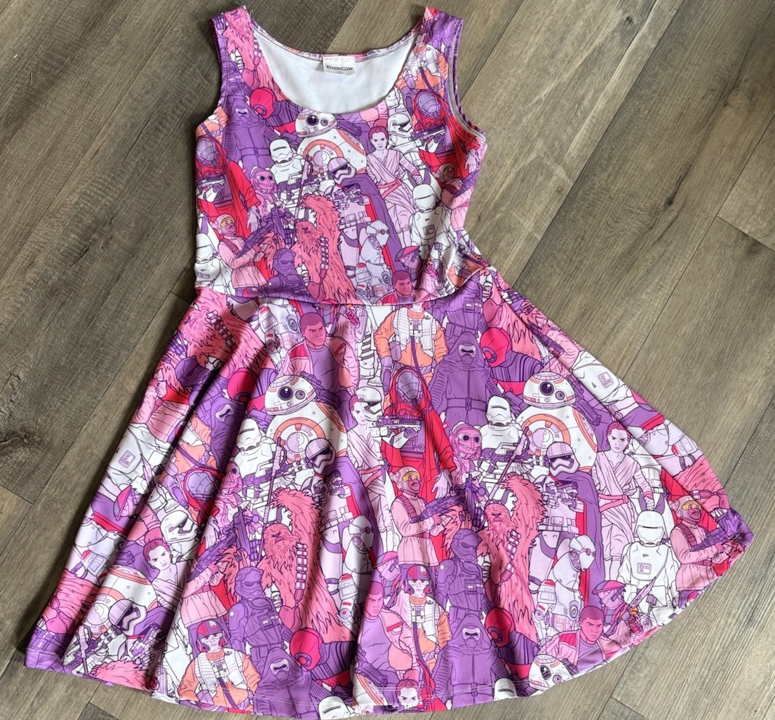 Star Wars Characters Sleeveless Skater Dress Womens Large Pink Purple Rey BB8