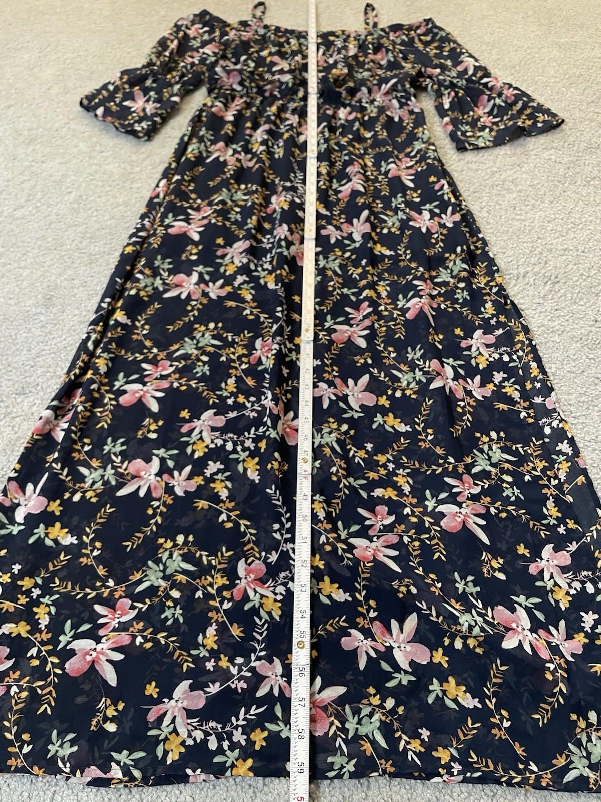 Off The Shoulder Floral Maxi Dress Sz L Navy Gold Elastic Waist Prairie Beach
