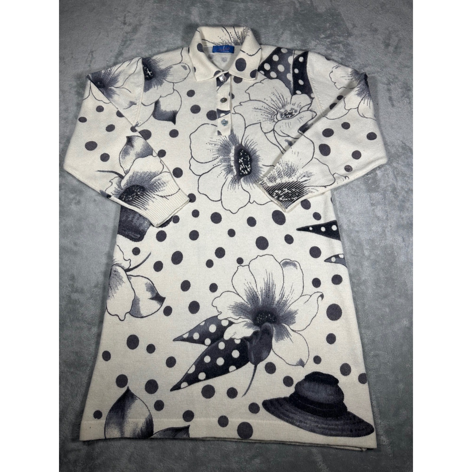 Annabelle Fashion Floral PolkaDot Knit Sweater Dress Lambswool Angora Ivory Gray