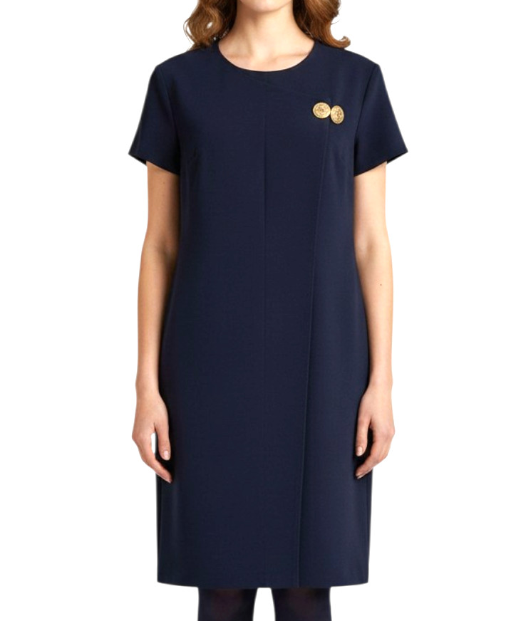 VTG Maggie London NAVY BLUE CREPE SHIFT DRESS Cheongsam Gold Buttons 6/8/10/M