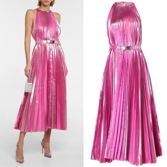 Christoper Kane Crystal Buckle Pleated Metallic Midi Dress Size 6 NWT Pink