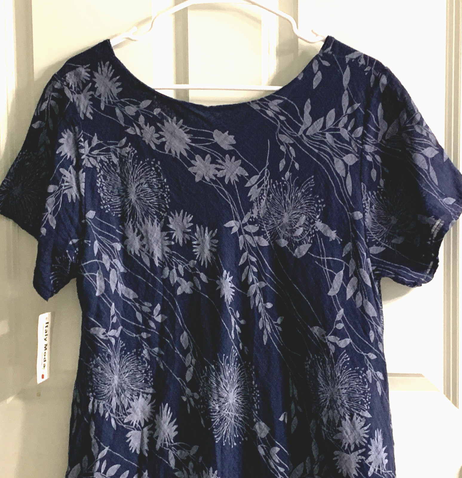 NEW Dress LARGE Pullover Layered Hem Textured Fabric Blue Floral ITALY MODA