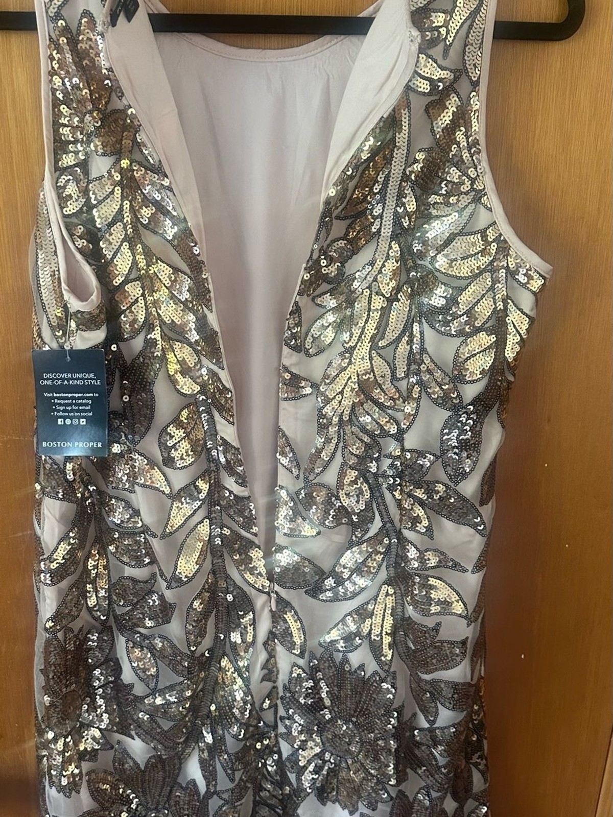 NWT Boston Proper High Neck Floral Sequin Sheath Dress – Gold/Beige – Size 14