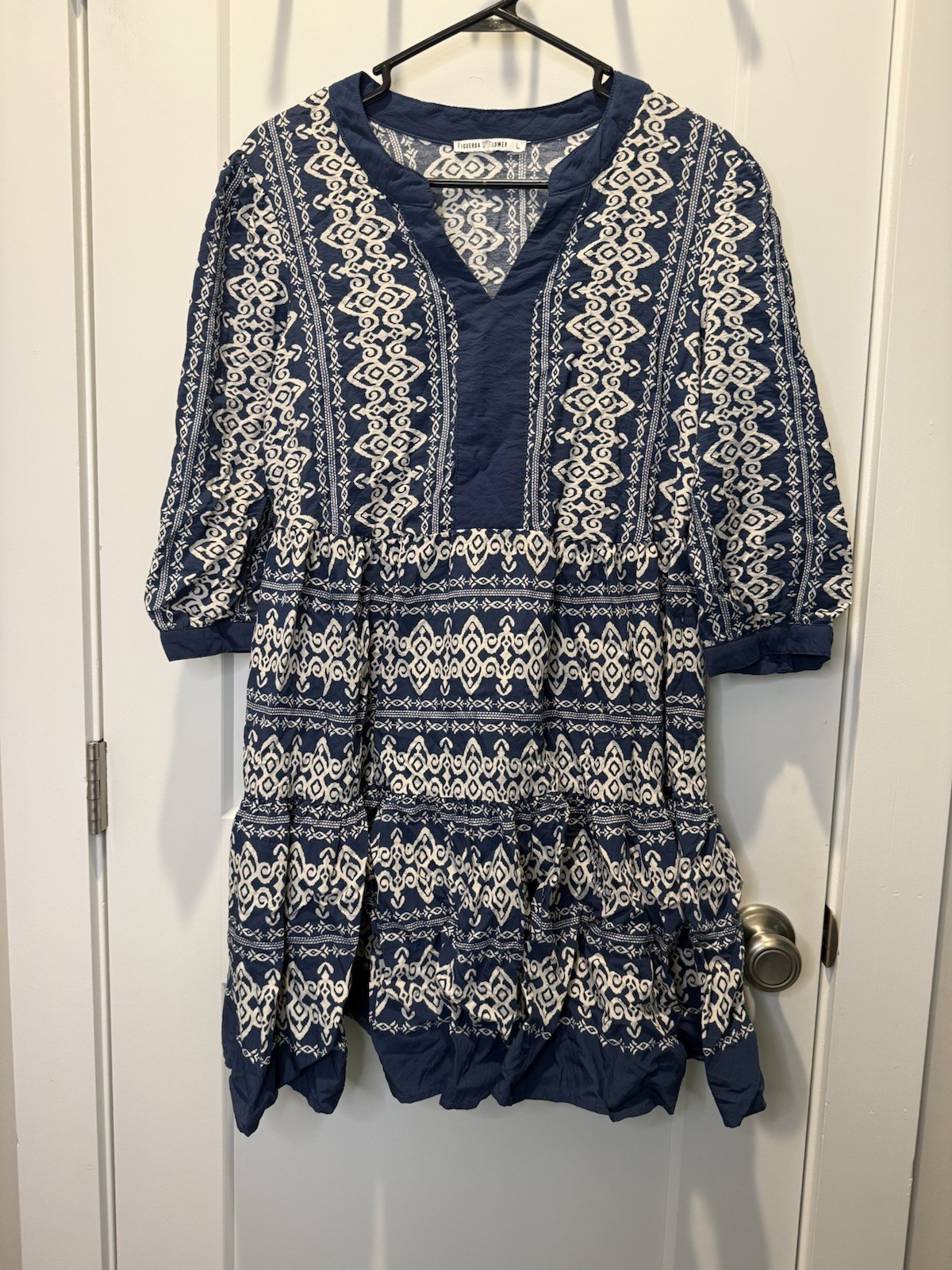 Fig + Flower Anthropologie Boho Tiered Peasant Dress Womens Large Cream Blue