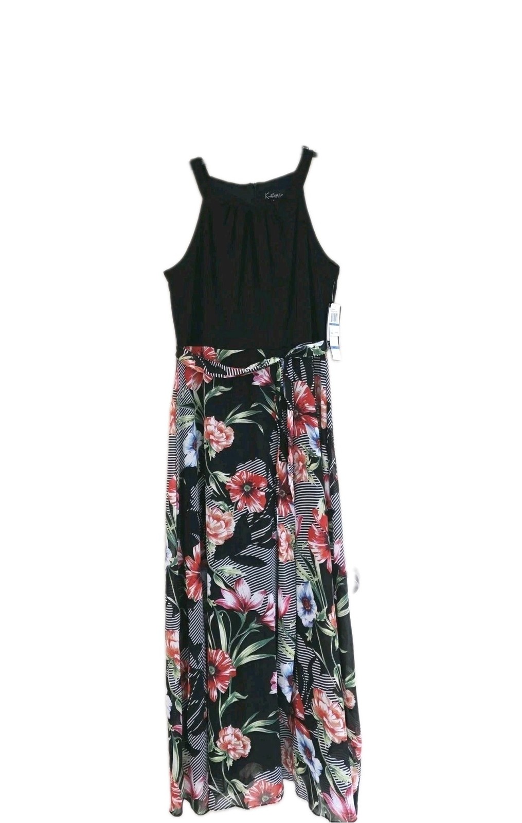 K STUDIO COLLECTION Womens Black Floral Maxi Dress Size XL Sleeveless Tie Waist