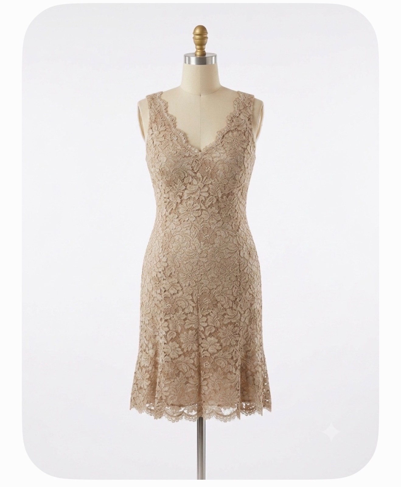 Anne Klein Beige Lace Dress Size 12 V-Neck Cutout Back Mermaid Sheath Cocktail