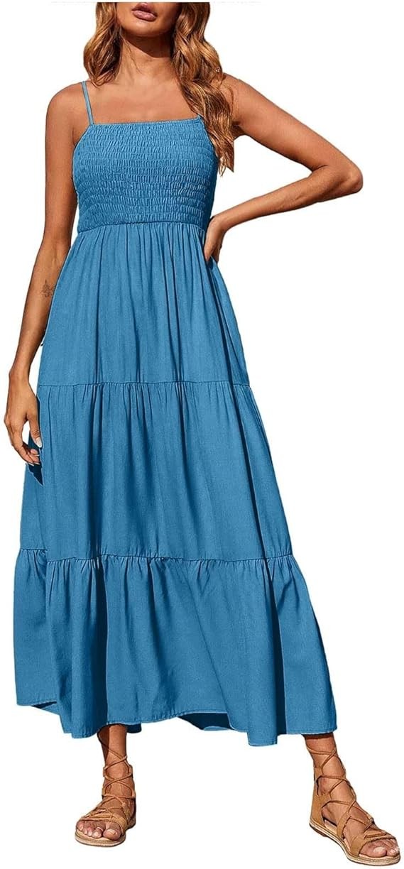Fashion Women’s Square Neck Spaghetti Strap Maxi Sundress Dress Size S New