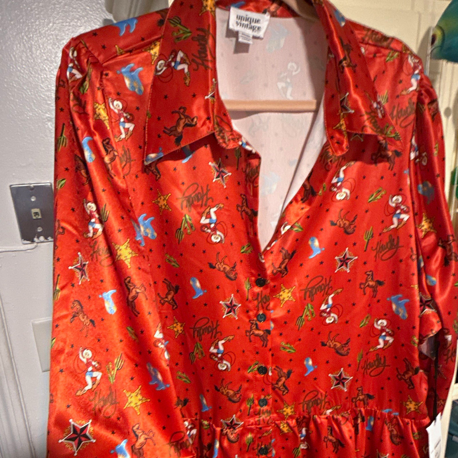 Unique Vintage Plus 3X/20 Red Satin Cowgirl Shirt Dress Belted Button W/ Sash