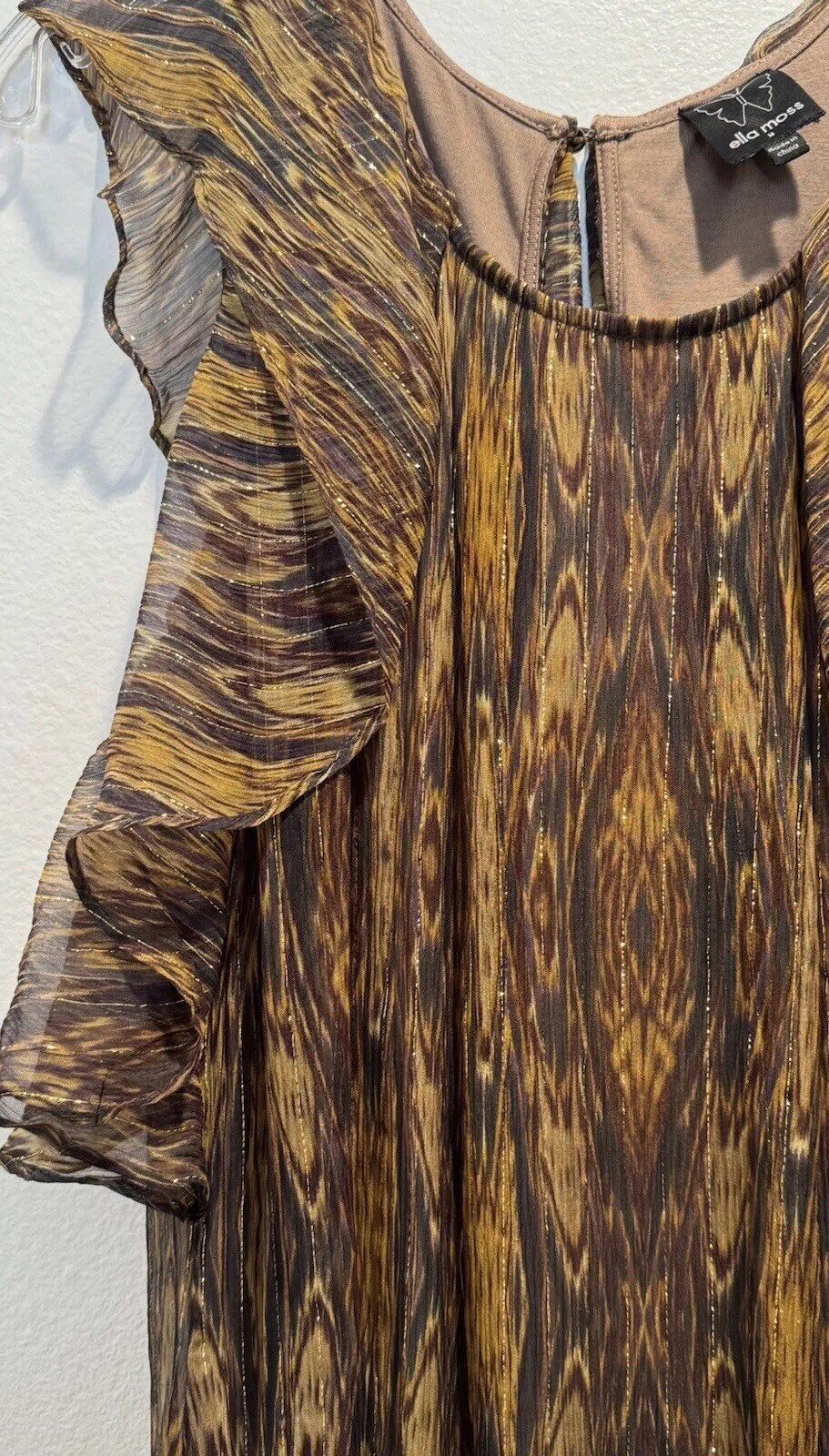 Ella Moss Size Medium Flutter Sleeve Gold Brown Metallic Dress Silk Blend Boho