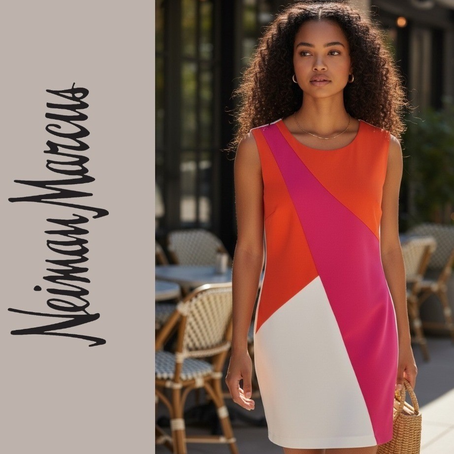Neiman Marcus Womens Colorblock Sheath Dress Orange Pink White Size 6 D3075
