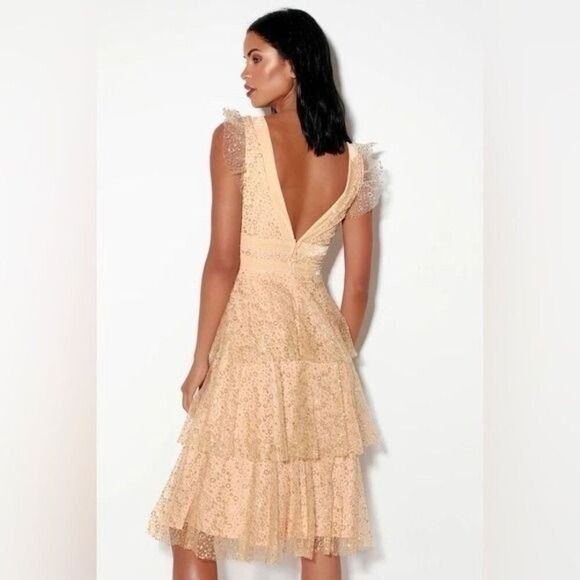 Lulus Stunning Love Nude and Gold Glitter Tiered Midi Party Cocktail Dress Small