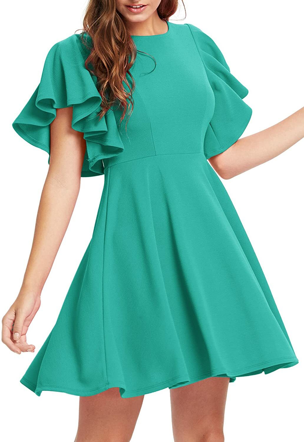 Romwe Stretchy A Line Swing Flared Skater Cocktail Party Dress, Teal Blue, S