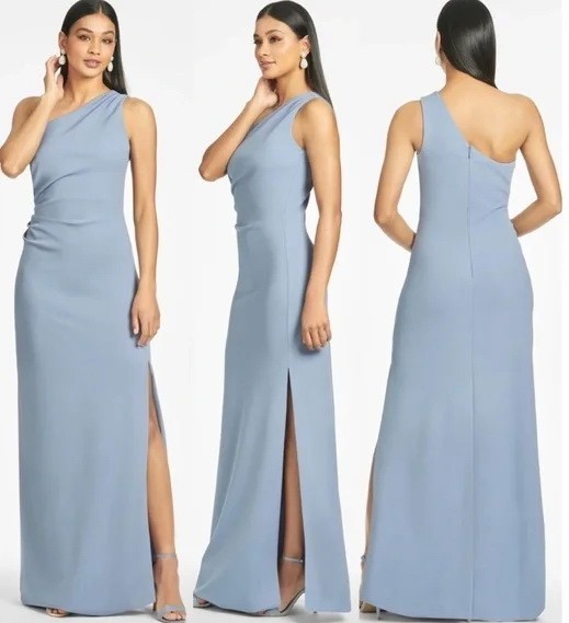 Sachin & Babi Slate Blue Cece One Shoulder Crepe Gown Size 14 $285