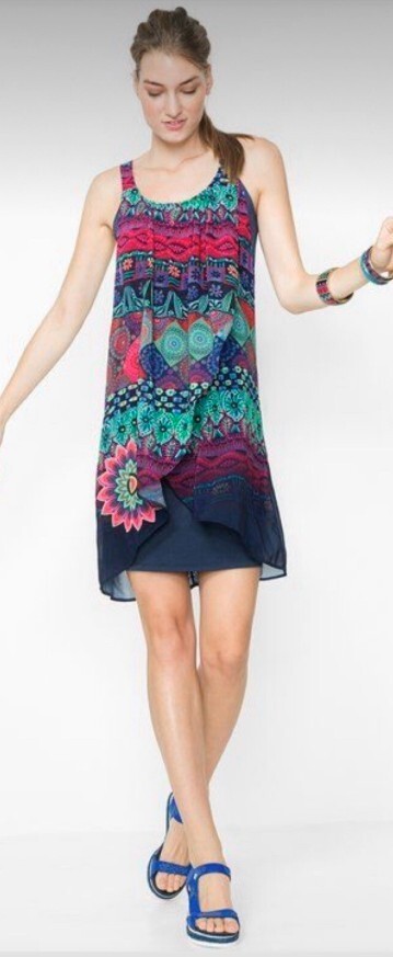 Desigual Giorgia Straps SZ 40/4 Colorful Chiffon Navy Sleeveless Layered Dress