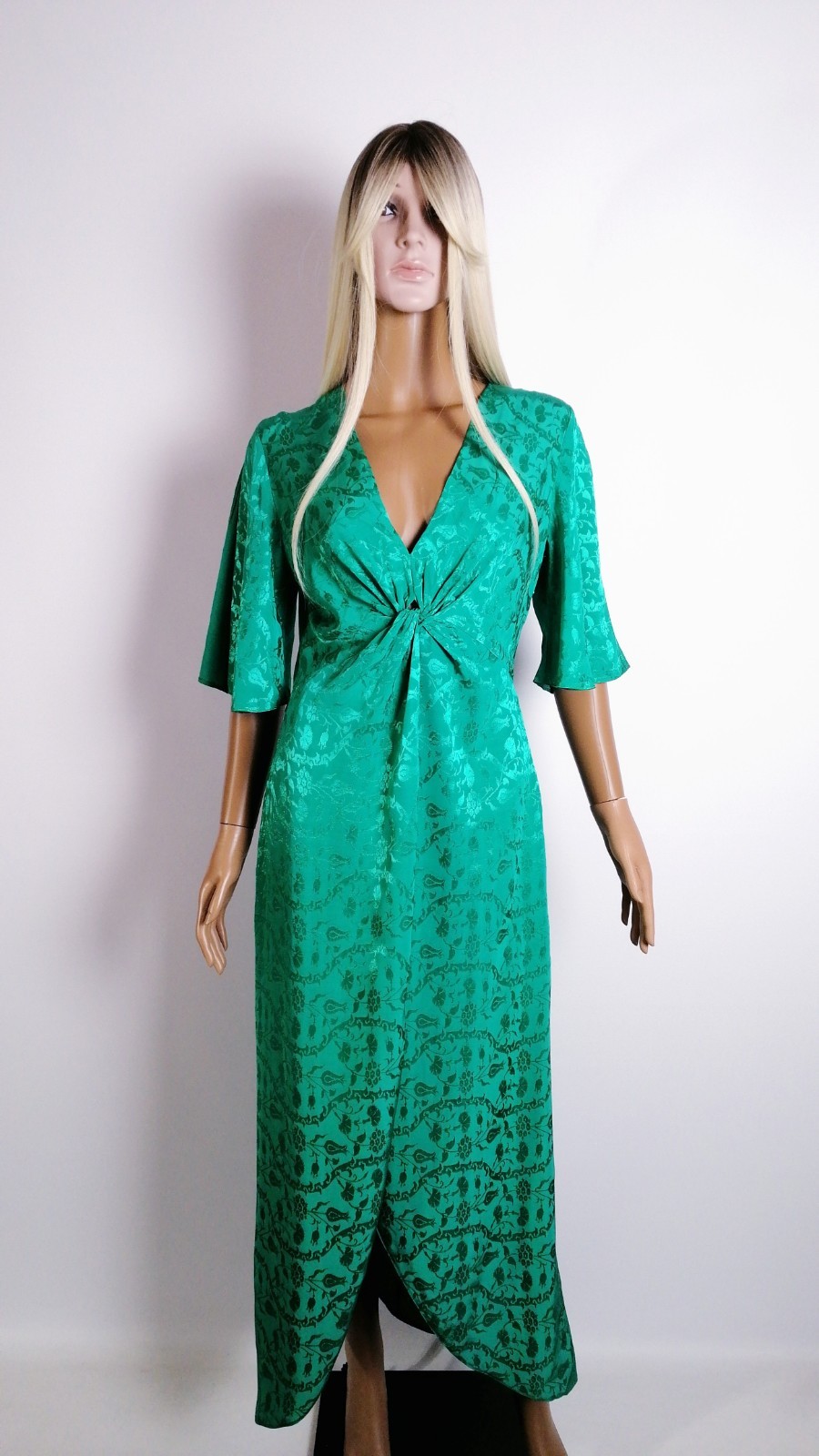 MISS SELFRIDGE Green Satin Jacquard Midi Dress Wrap Front Sz EU 36 UK 8 US 4