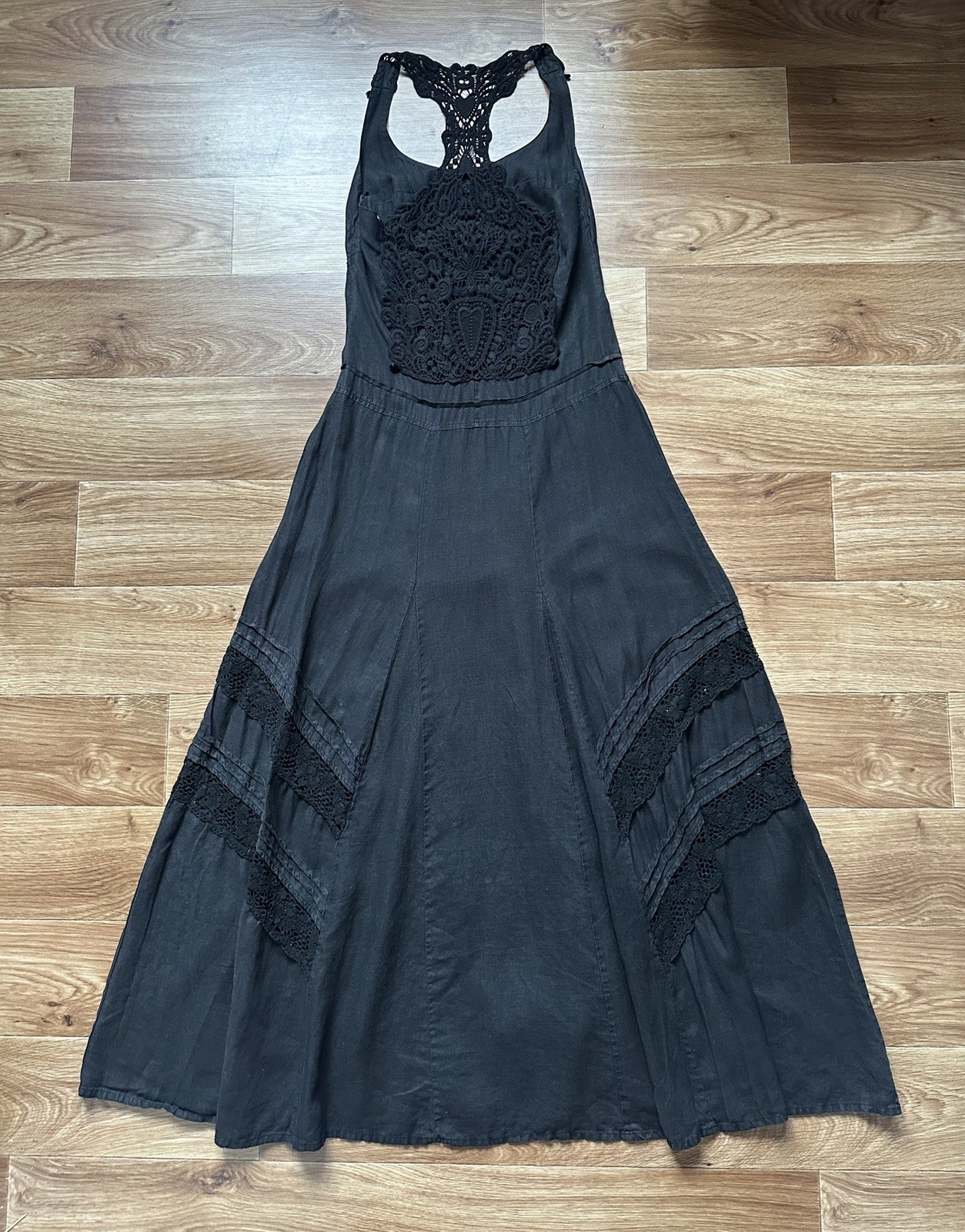 Didier Parakian Vintage Black Linen Maxi Dress Crochet Lace Y2K Gothic Sz 38