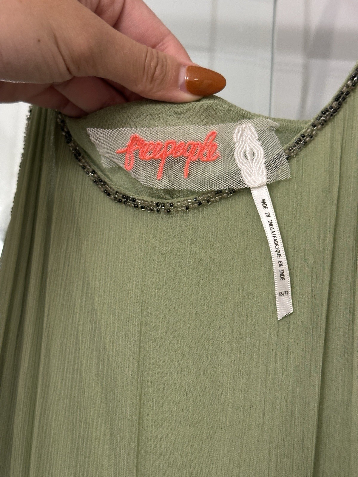 Free People Green Beaded Layered Sequin Chiffon Mini Dress XS Sleeveless