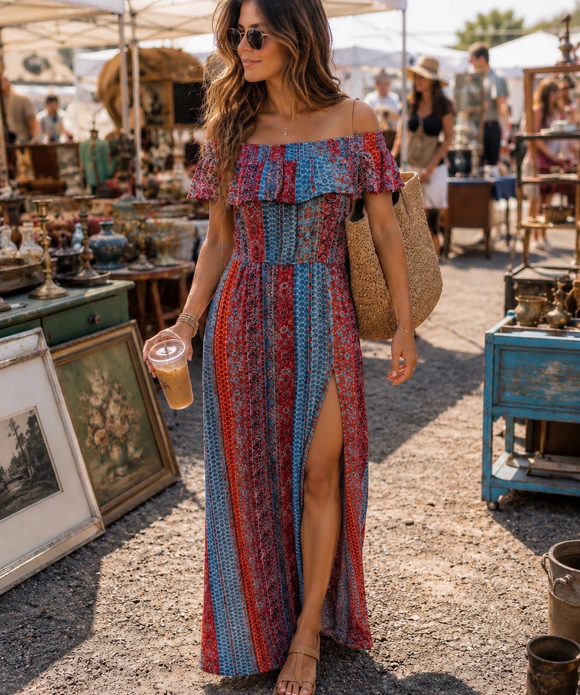 Off Shoulder Patchwork Maxi Dress Sz L 10/12 Hippie Gypsy High Slit Boho Flowy