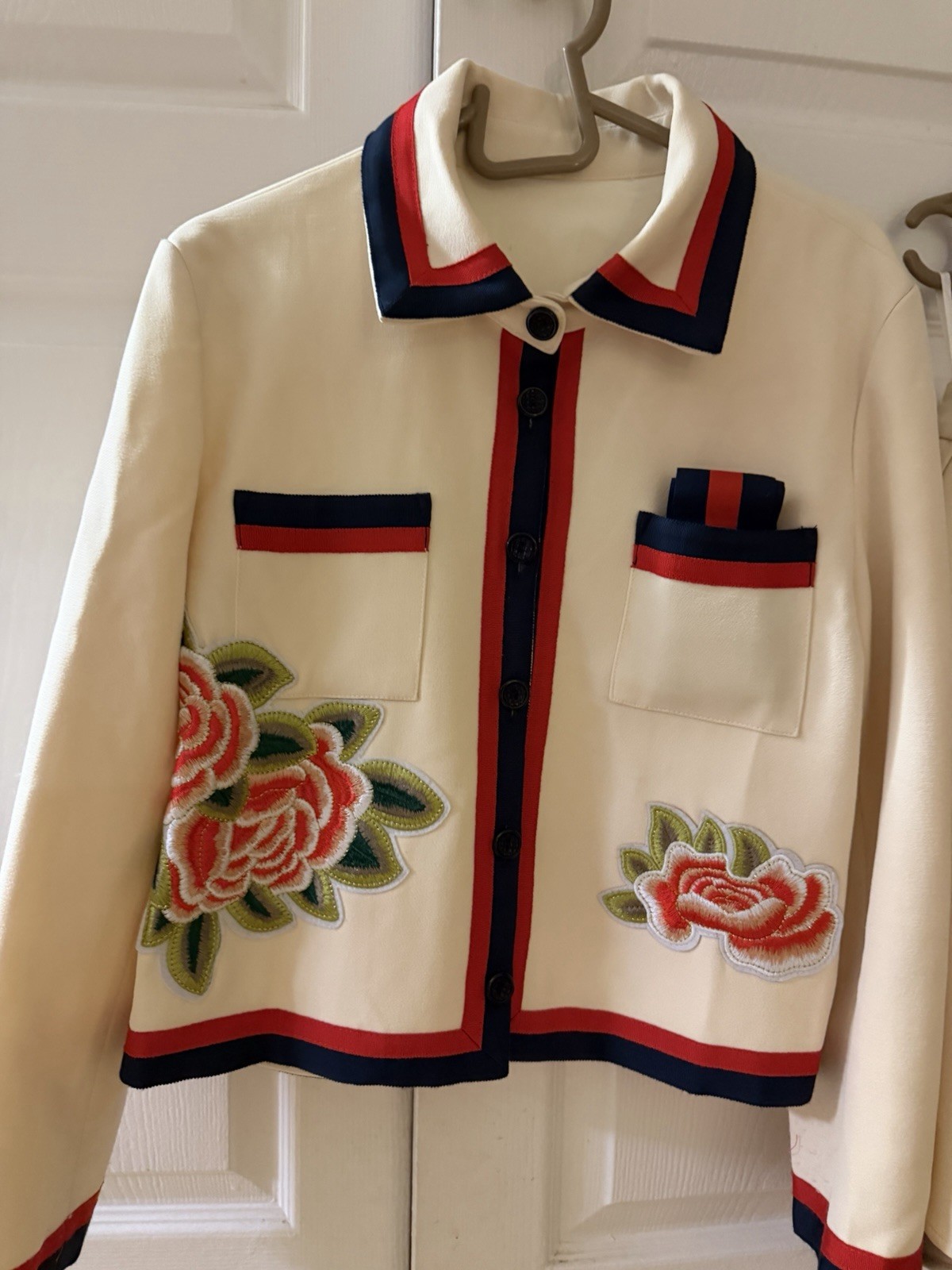 Cream Floral Embroidered Two-Piece Jacket & Skirt Set with Red-Blue Trim