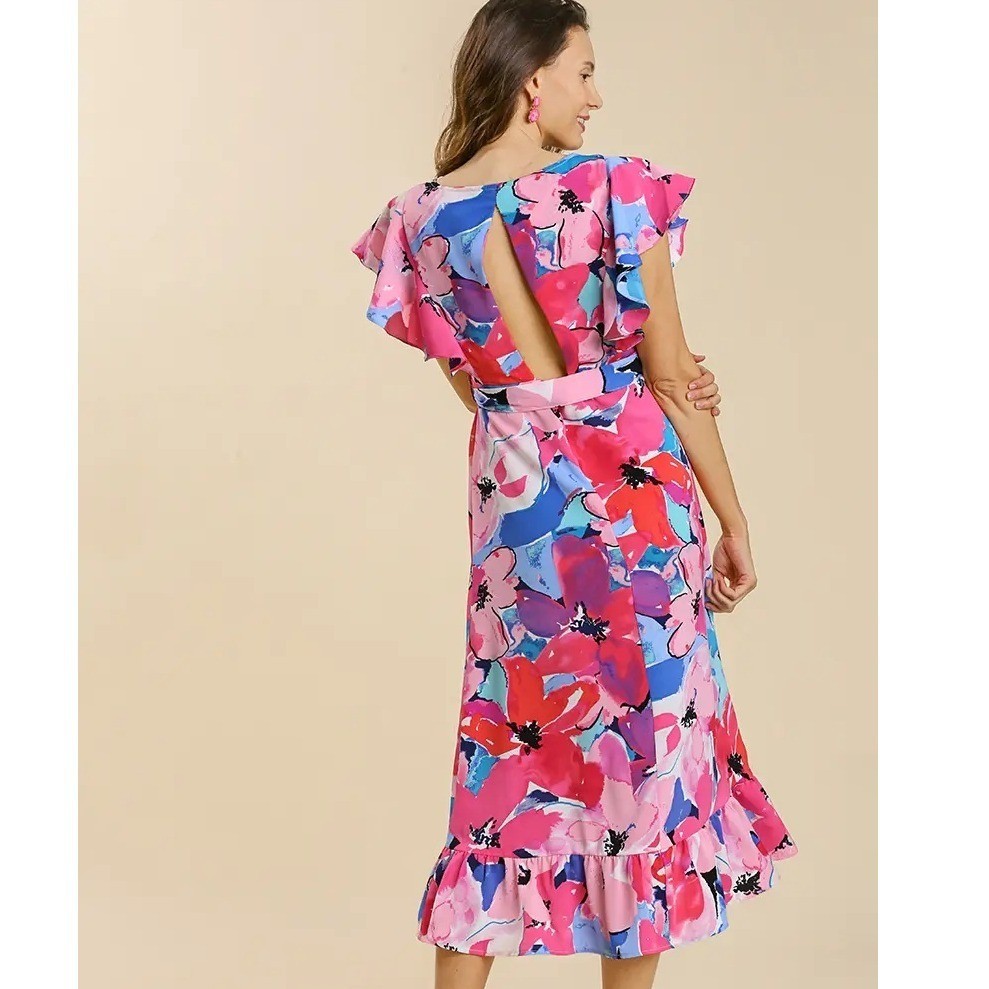 Rose Mix Floral Flutter Sleeve Midi Dress Pink Blue Abstract Print Belted A-Line