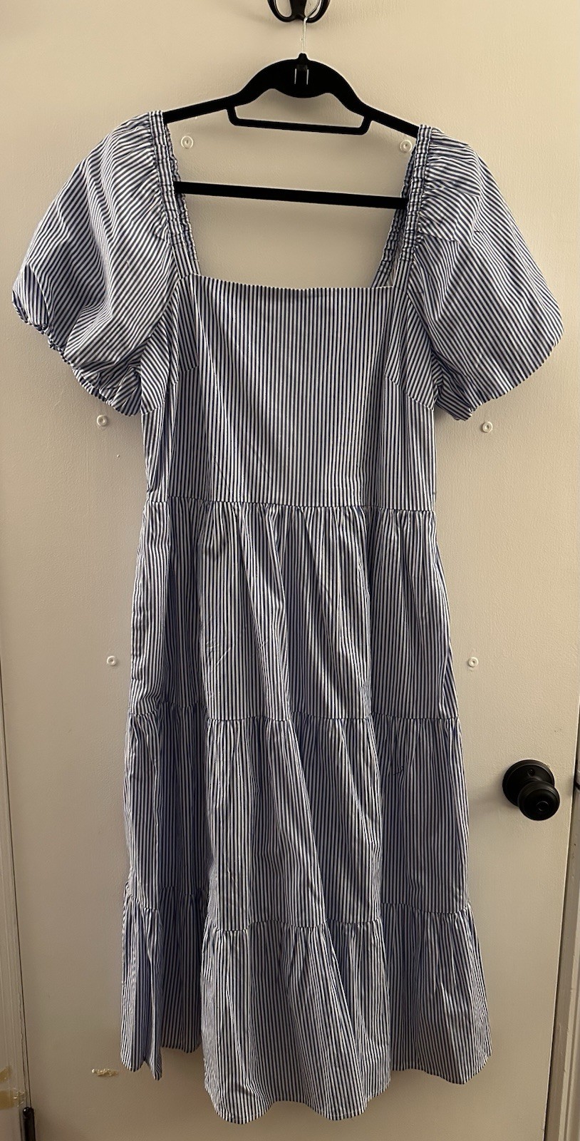 J.CREW Women’s Size 10 Cotton Tiered Ruffle Poplin Dress Midi Blue/White Striped