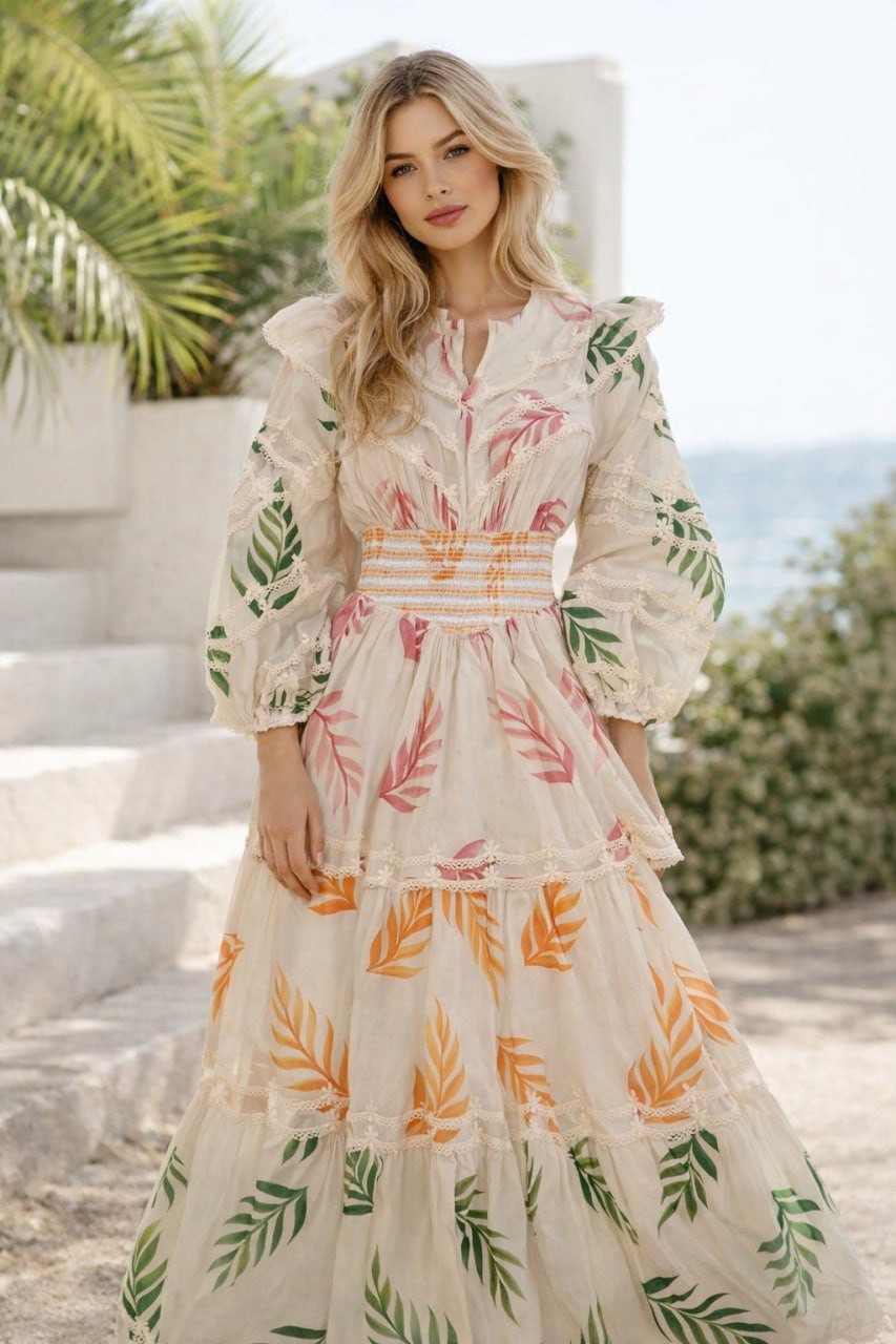 Diamond For Eden Maxi Dress Tropical Print Long Sleeve 100% Cotton Size S-M