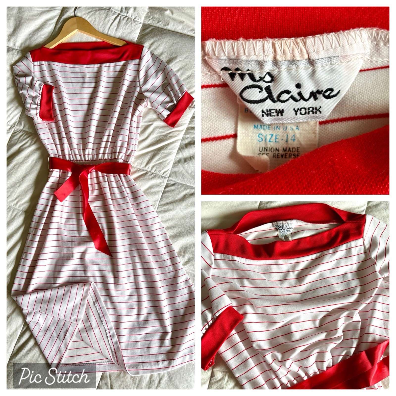 Vtg 70s Striped Dress Ms Claire NY Nautical Retro Midi Jersey USA Rockabilly EUC