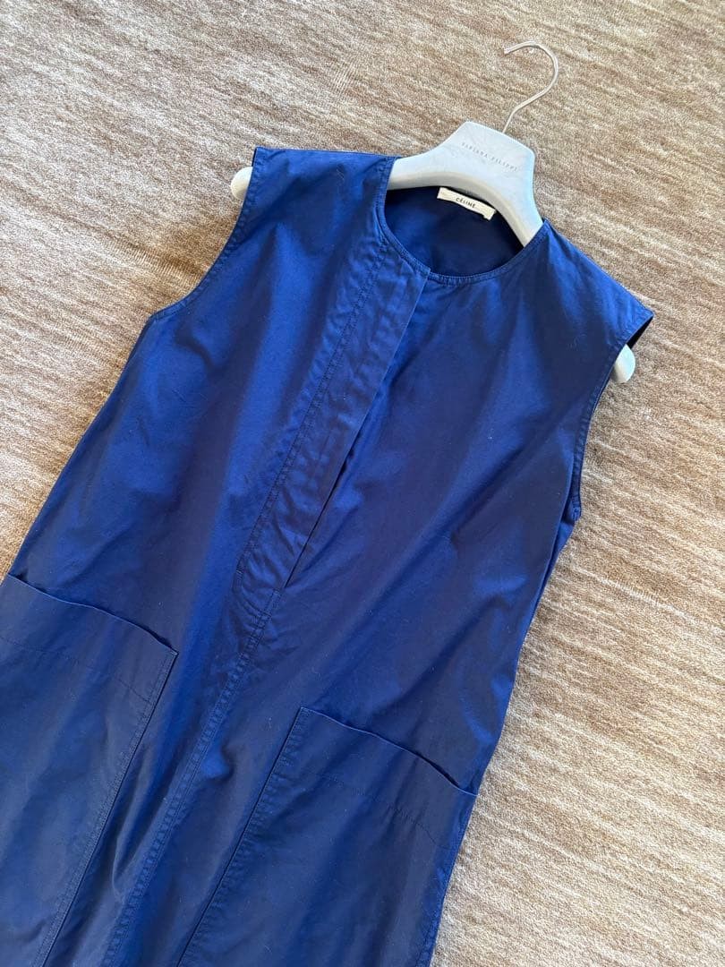 CELINE Dress Size 38 90-95cm Length Navy Thick Cotton Sleeveless