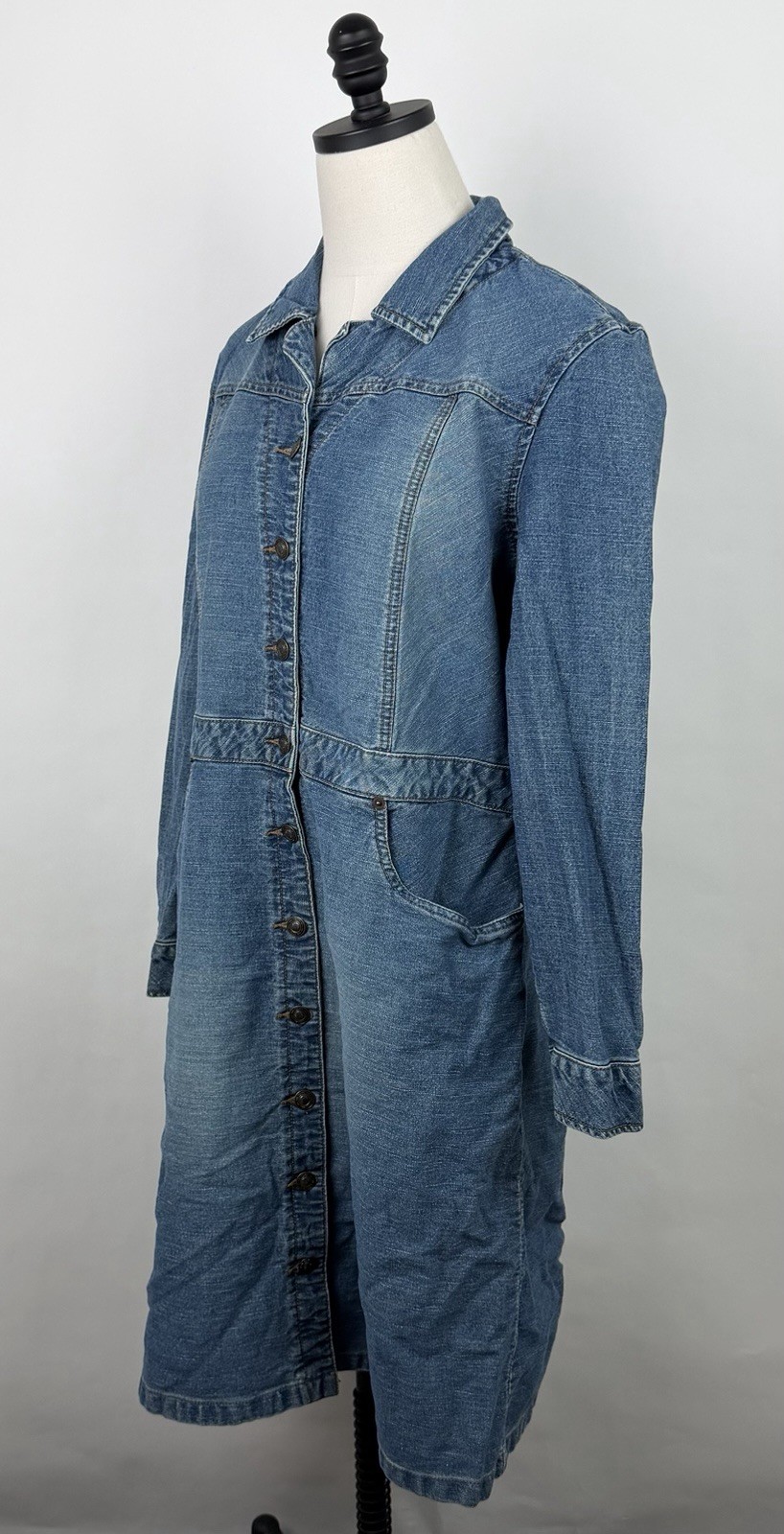 Vintage Denim Dress Womens Large Button Front Shirt Dress 90s Y2K Minimal Modest