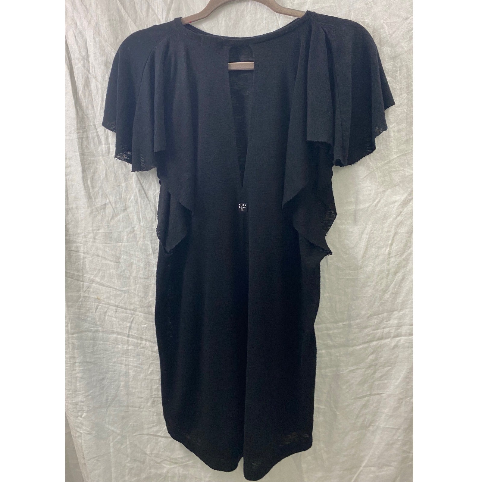 Billabong Flutter Sleeve Mini Dress Womens Small Black Deep V Back Boho Coverup