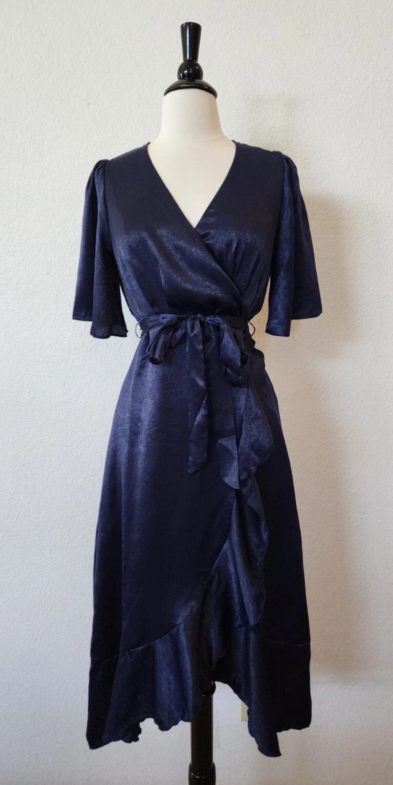 New Anthro Midi Dress Size Small Satin Navy Blue Faux Wrap Wedding Boho