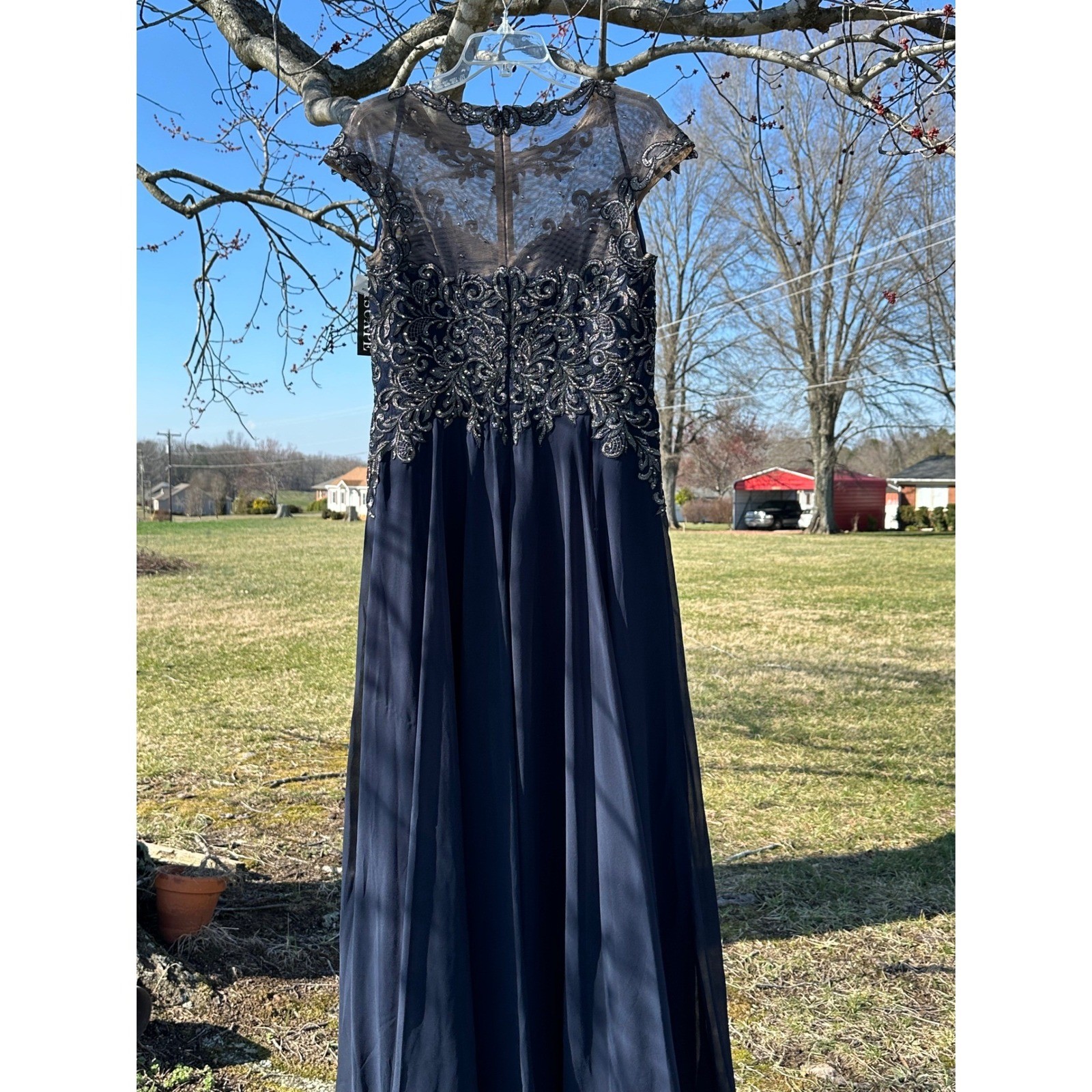 Xscape Navy Blue Silver Embroidered Rhinestone Chiffon Gown Dress 4202X Size 10