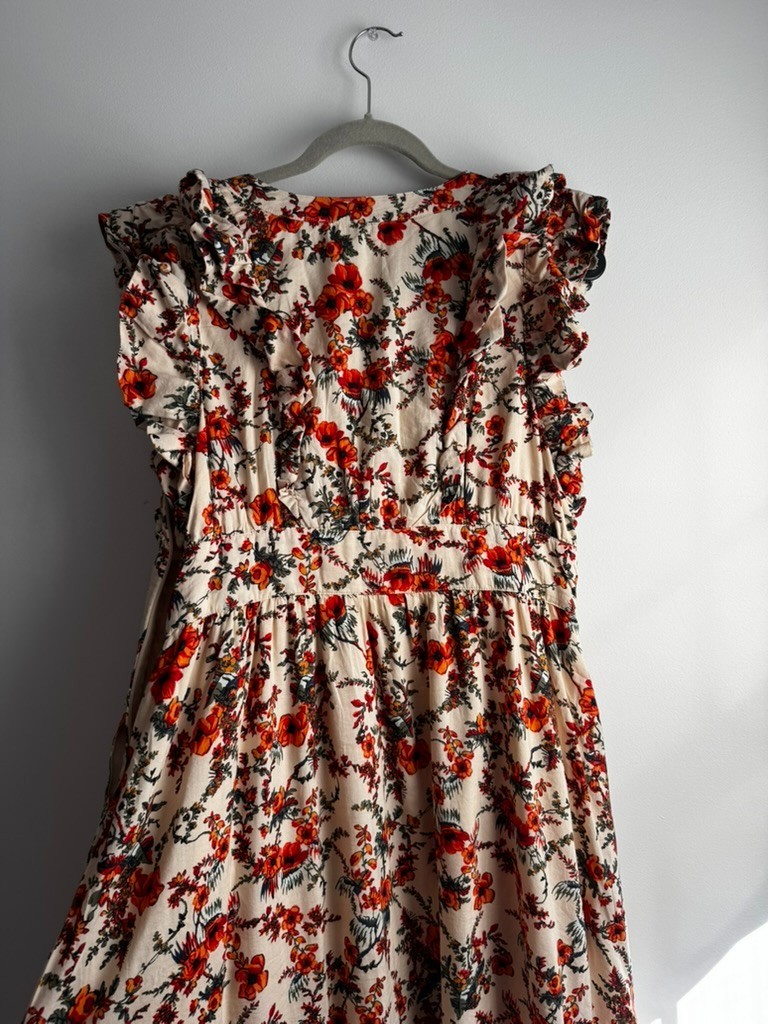 NWOT Chelsea28 Floral Print Ruffle Sleeve Organic Cotton Blend Dress – L