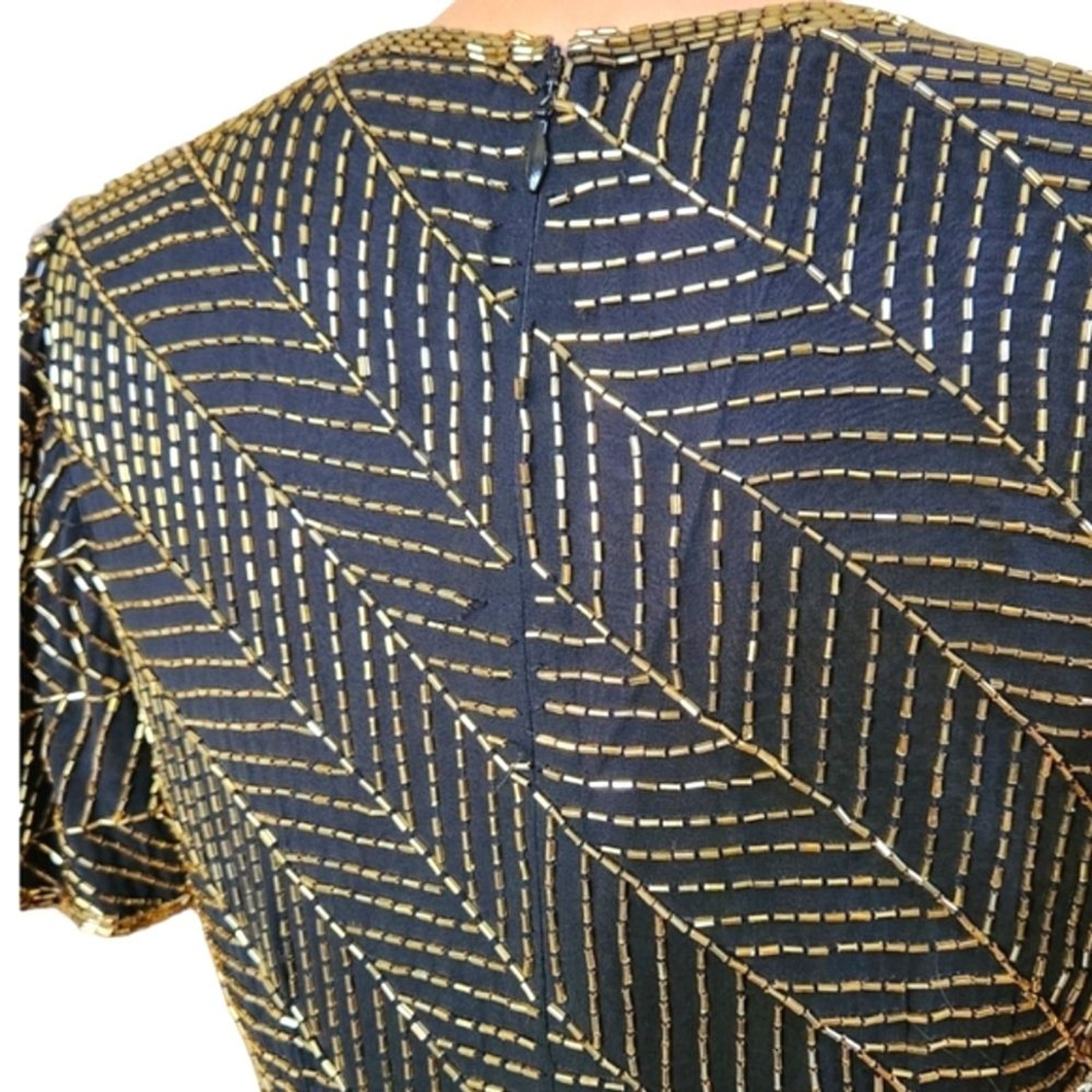 A.J. BARI Vintage 1980s Silk Beaded Sheath Dress – Size 10