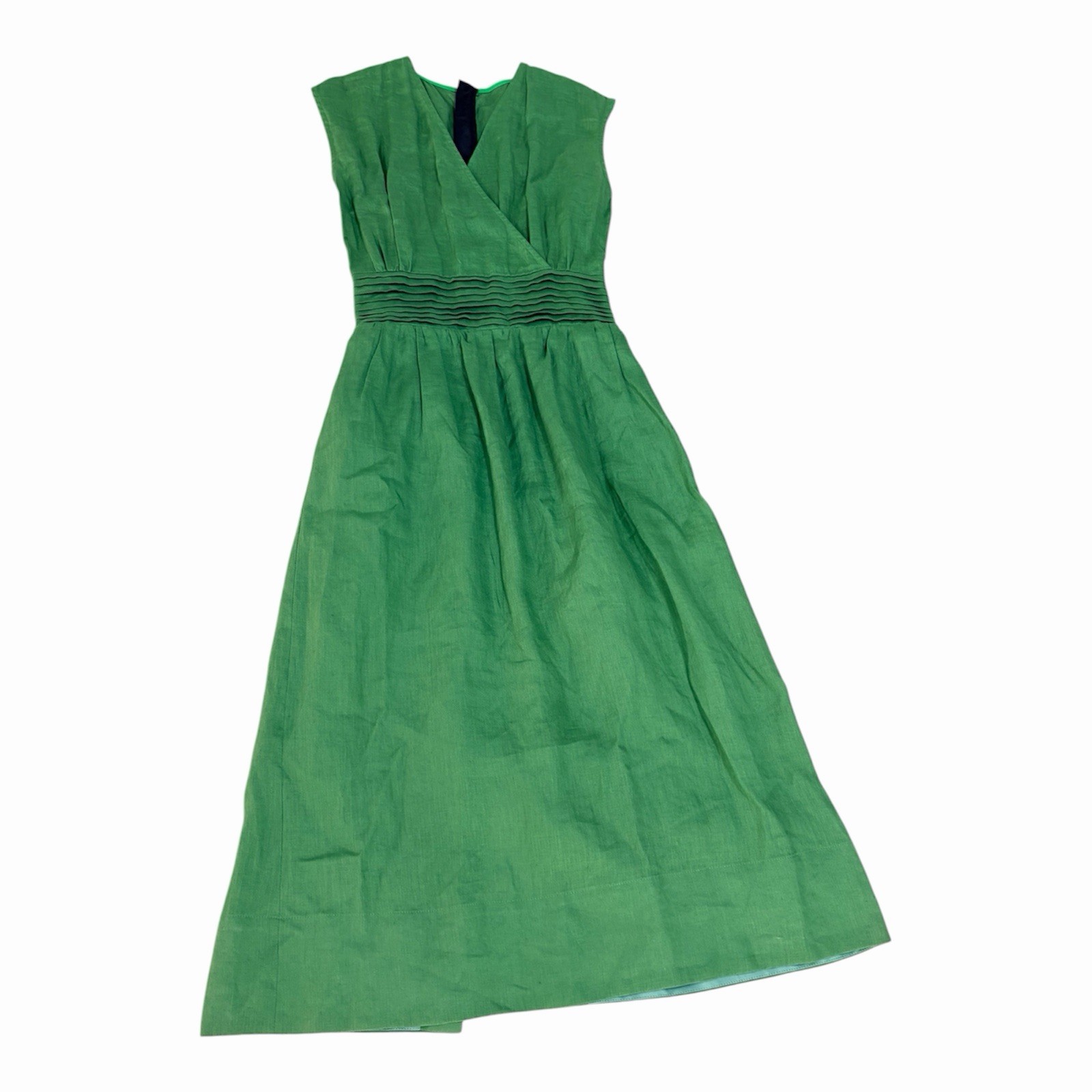 Unaca Linen Green Maxi Dress Size 38 Sleeveless Wrap Style Made in Japan