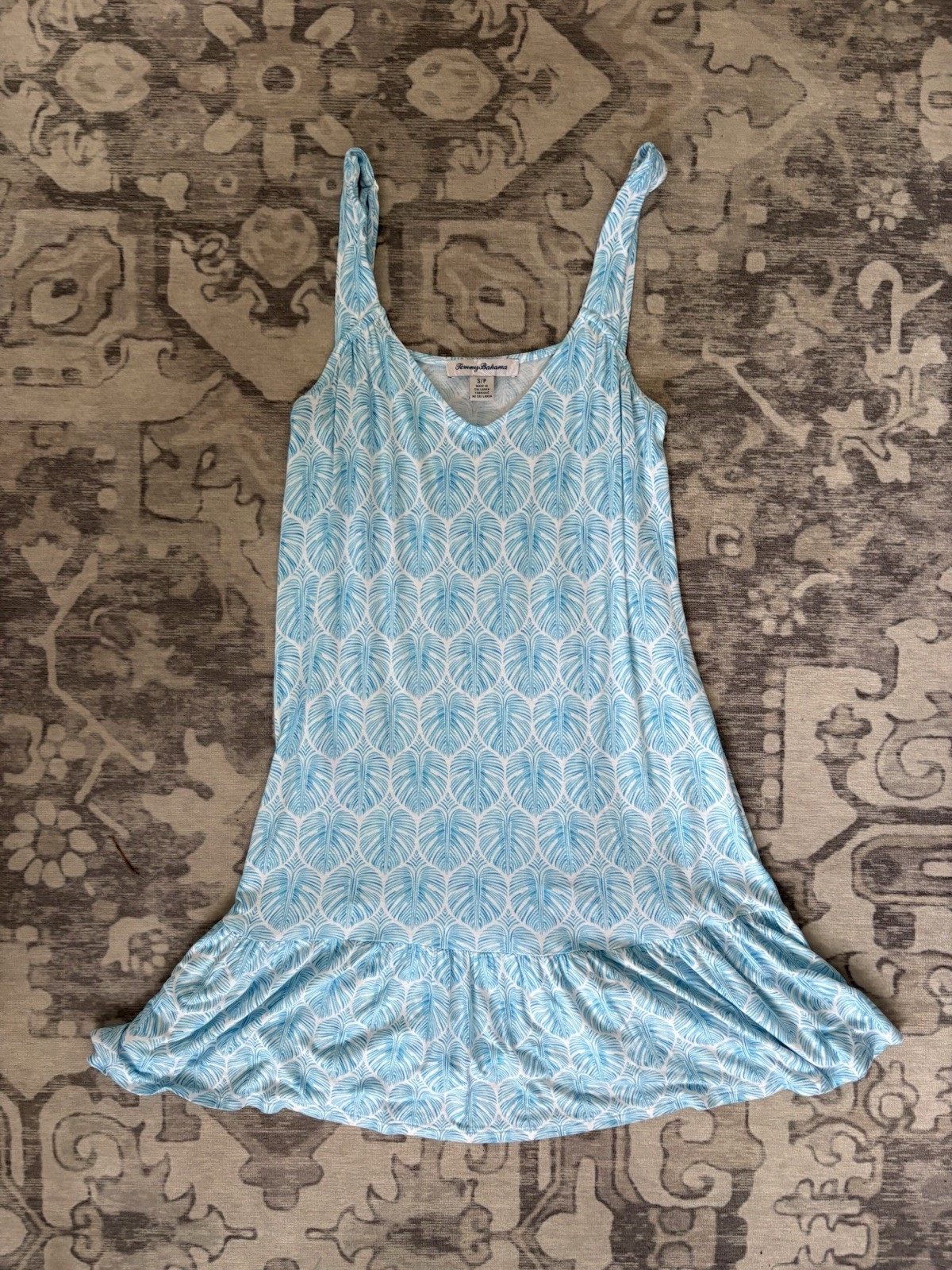 Tommy Bahama Blue White Palm Leaf Print Ruffle Hem Shift Dress Women’s S