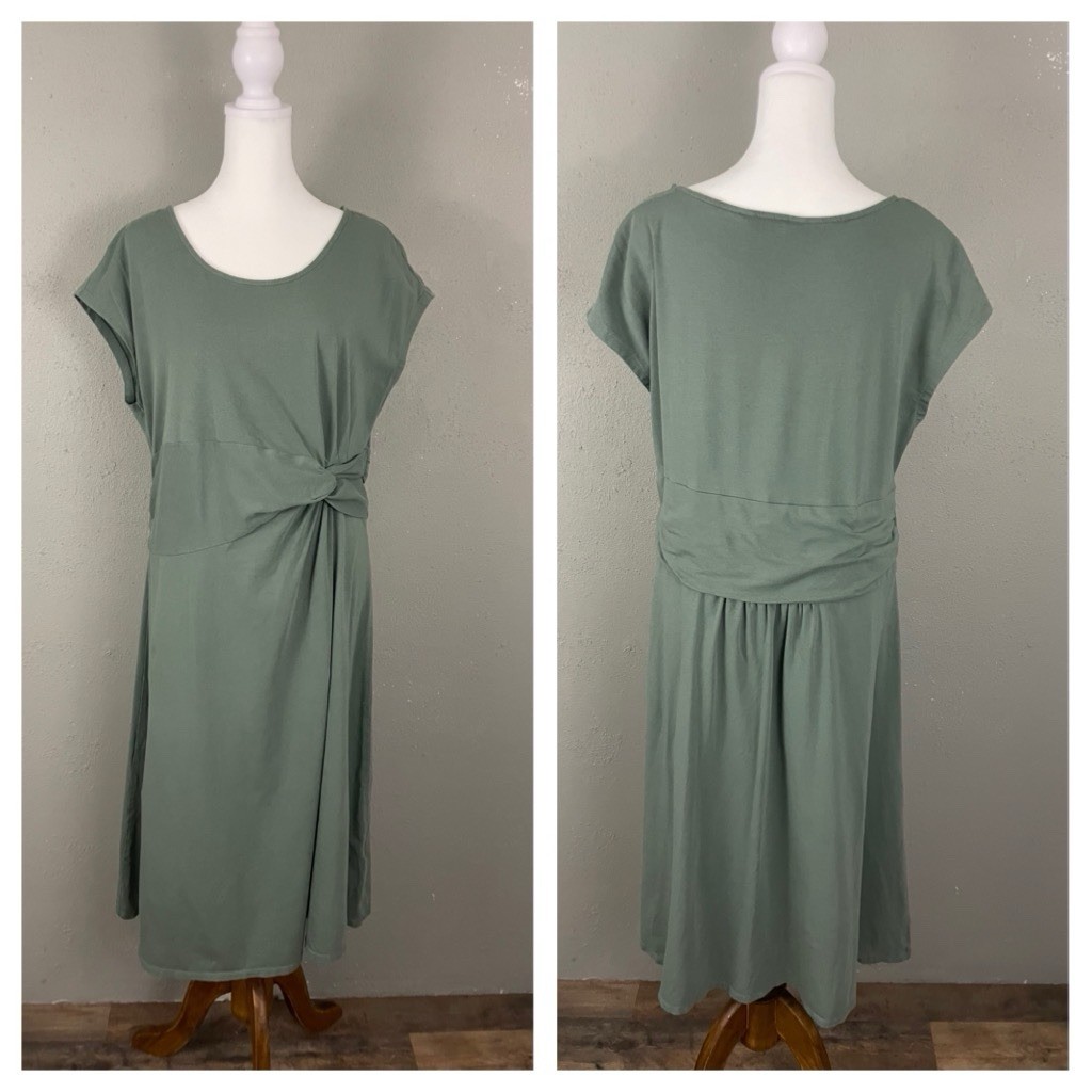 Lands End Green Knit Dress Size L 14-16 Cap Sleeve Midi Twist Side Soft Stretchy