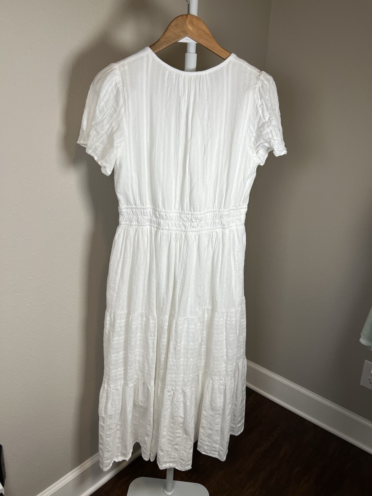 BTFBM Women’s White V-Neck Short Sleeve Smocked Waist A-Line Midi Dress Lined L
