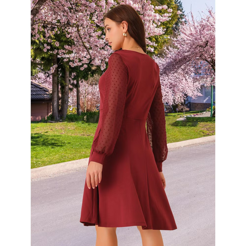 Seta T Women Long Sleeve Swiss Dots Square Neck Knee Length Elegant