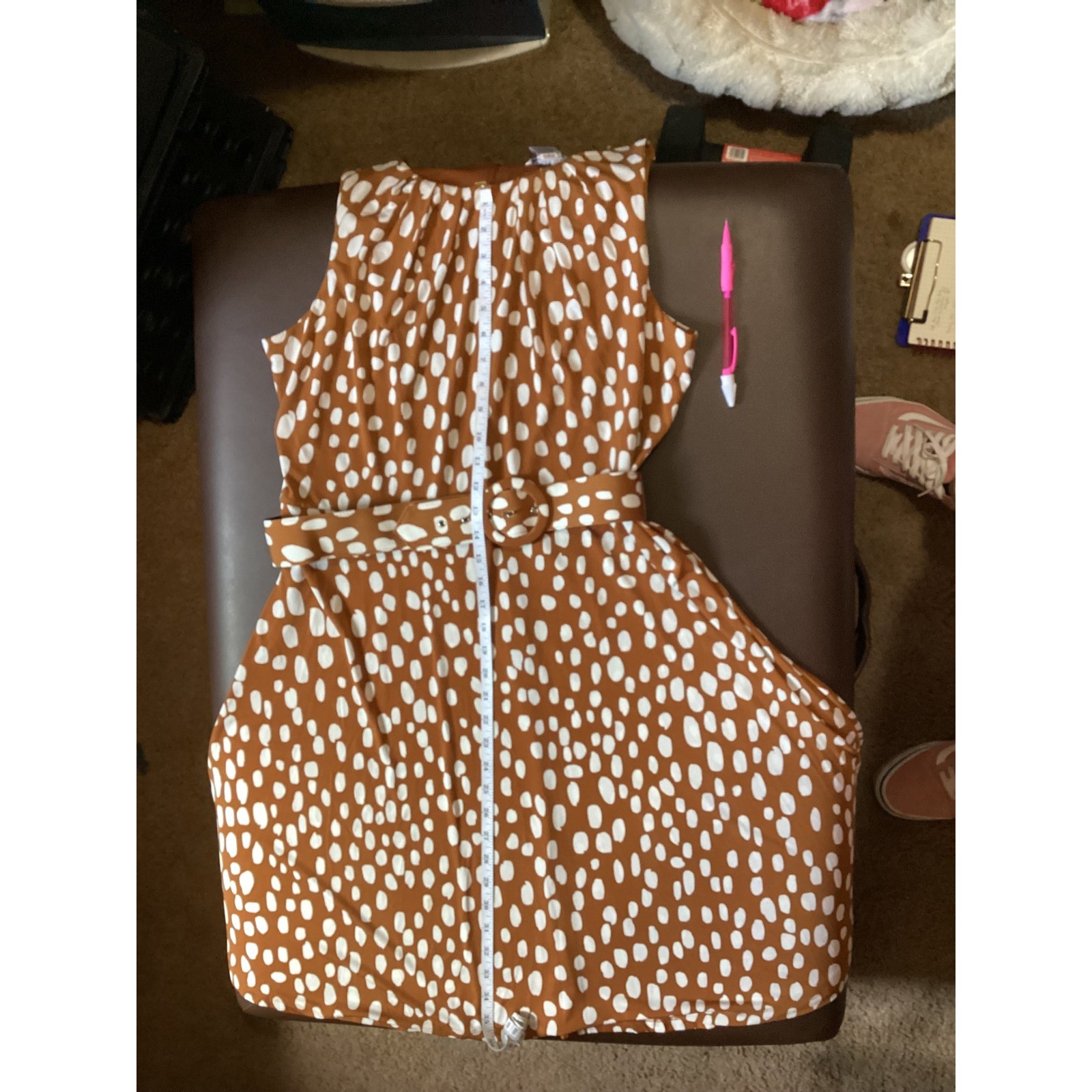 NorthStyle Womens 14P Rust Brown White Pebble Print Belted Sleeveless Dress
