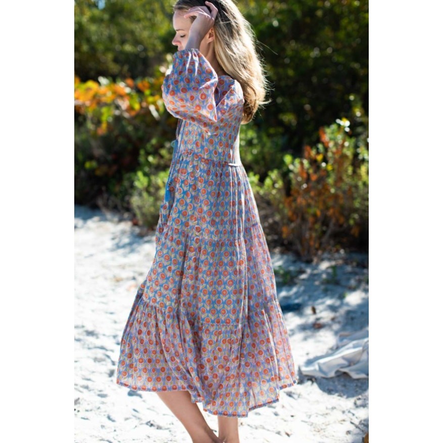 Emerson Fry India Collection Heirloom Dress Wednesday Flowers Blues Size XS