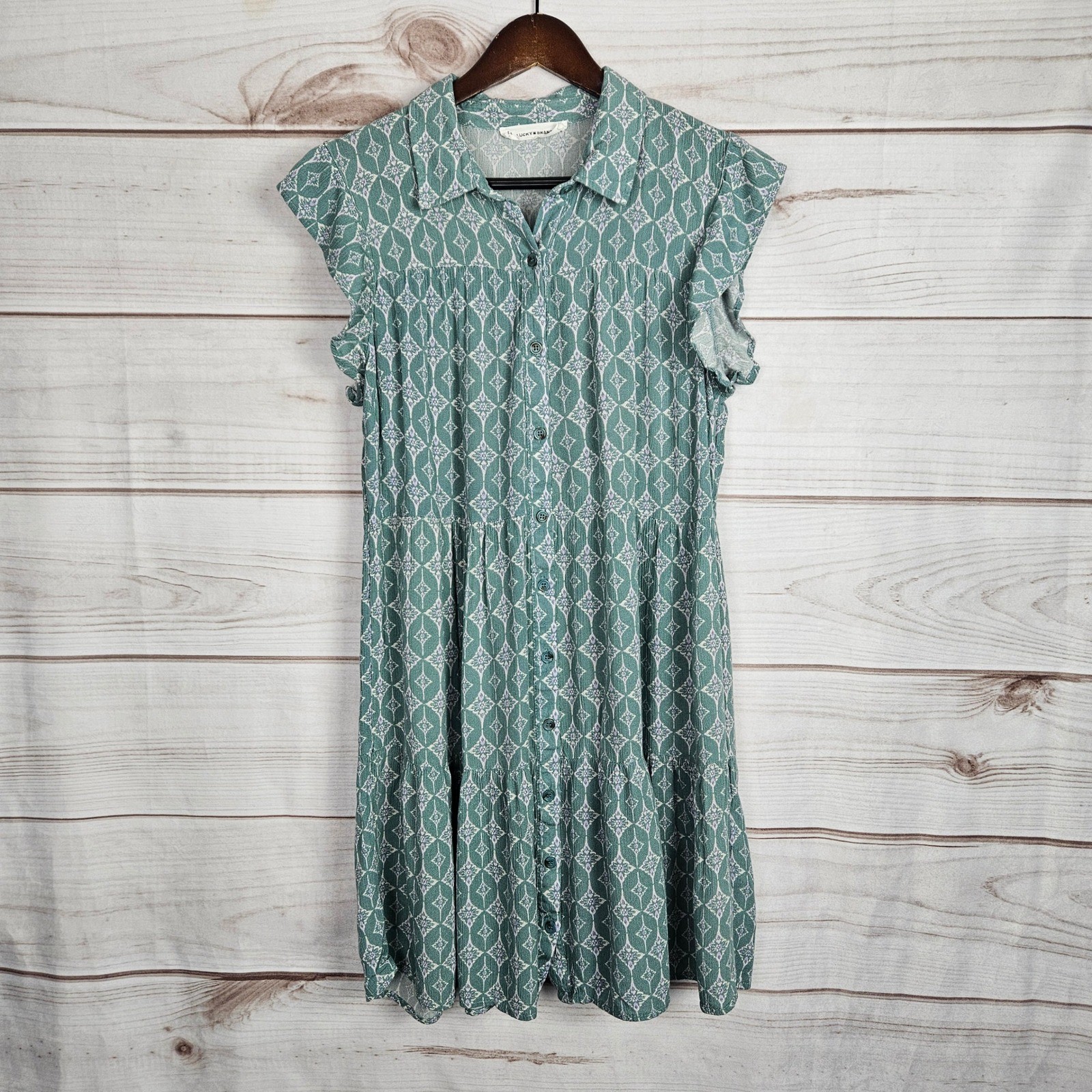 Lucky Brand Green Medallion Tiered Button Front Mini Dress Flutter Sleeve Medium