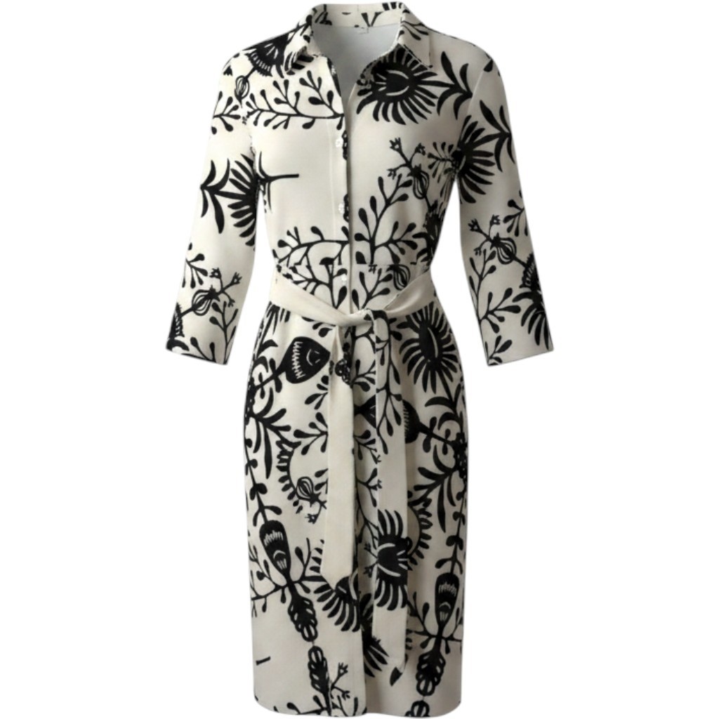 Shirt Dress Sz L Maxi White Black Floral Belted Button Down Professional