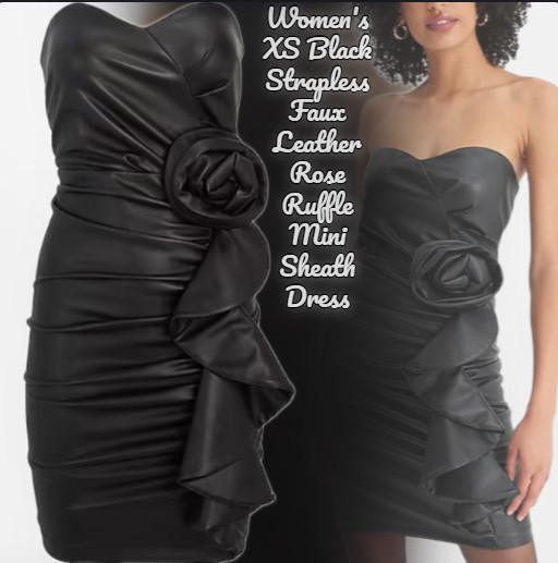 Women’s XS Black Faux Leather Strapless Rose Ruffle Mini Sheath Dress NEW